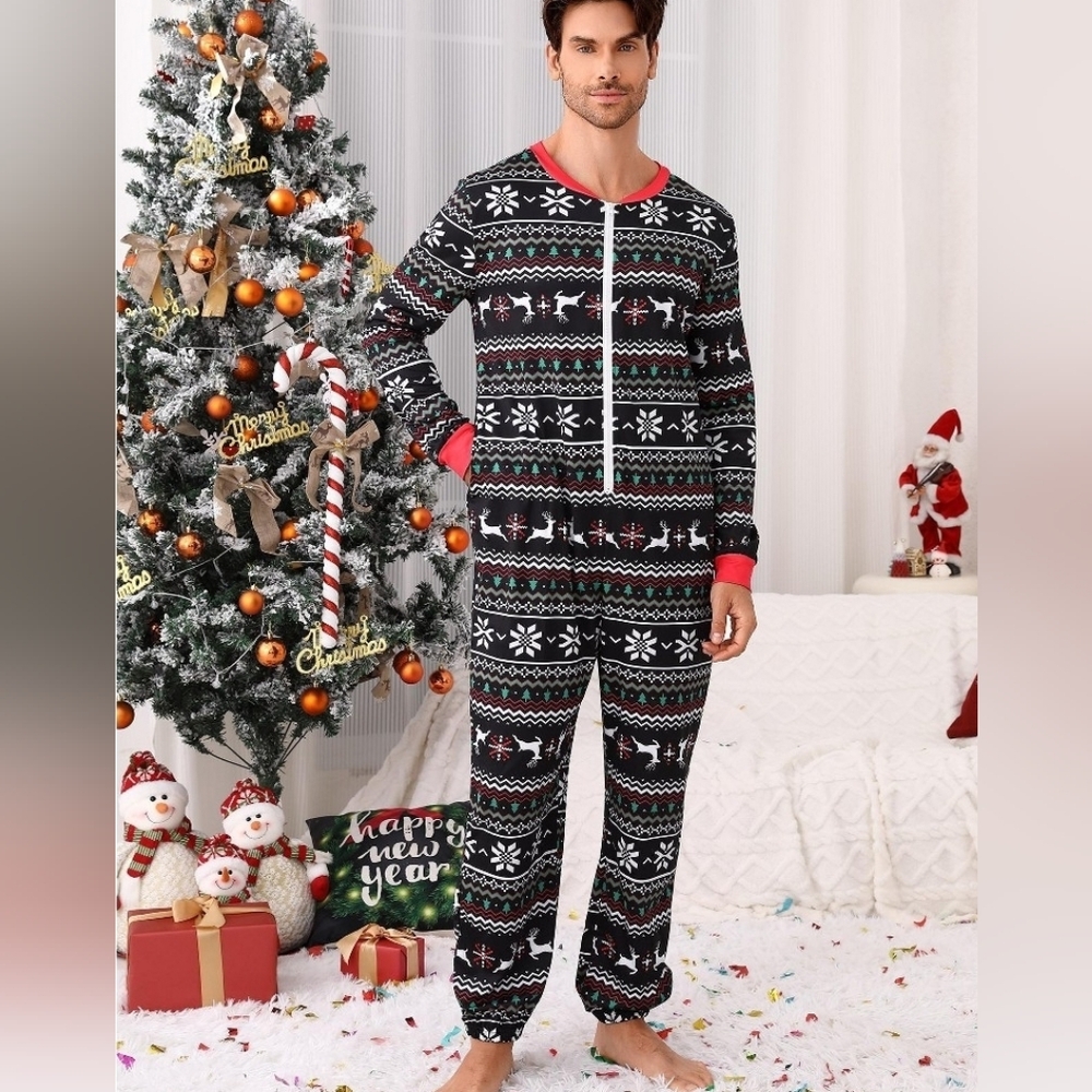 New! Mens Small Festive Winter Theme Christmas Pajamas One Piece